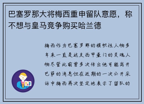 巴塞罗那大将梅西重申留队意愿，称不想与皇马竞争购买哈兰德