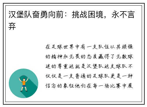 汉堡队奋勇向前：挑战困境，永不言弃