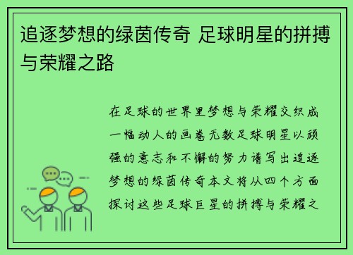 追逐梦想的绿茵传奇 足球明星的拼搏与荣耀之路